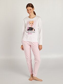 Pigiama lungo in jersey 'Barbie' - 2 pezzi - bianco/rosa - Kiabi - 9.00€